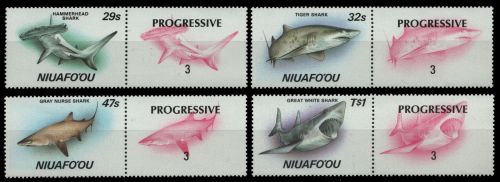 Niuafo'ou-Insel 1987 - Mi-Nr. 94-97 ** - MNH - mit Druckphasen - Haie / Sharks