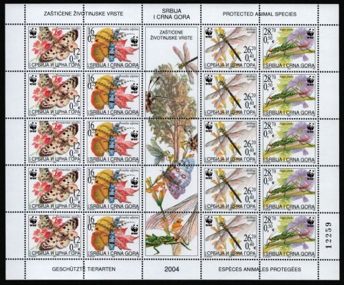 Jugoslawien 2004 - Mi-Nr. 3173-3176 ** - MNH - ZDR-Bogen - Schmetterlinge