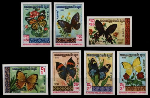 Kambodscha 1983 - Mi-Nr. 462-468 U ** - MNH - ungez / imp - Schmetterlinge