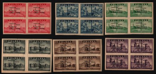 Polen 1946 - Mi-Nr. 421-426 ** - MNH - Viererblöcke - Befreiung Warschaus