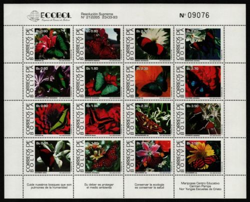 Bolivien 1993 - Mi-Nr. 1193-1208 ** - MNH - ZD-Bogen - Schmetterlinge