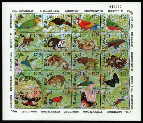 Nicaragua 1991 - Mi-Nr. 3089-2108 ** - MNH - ZD-Bogen - Wildtiere / Wild animals