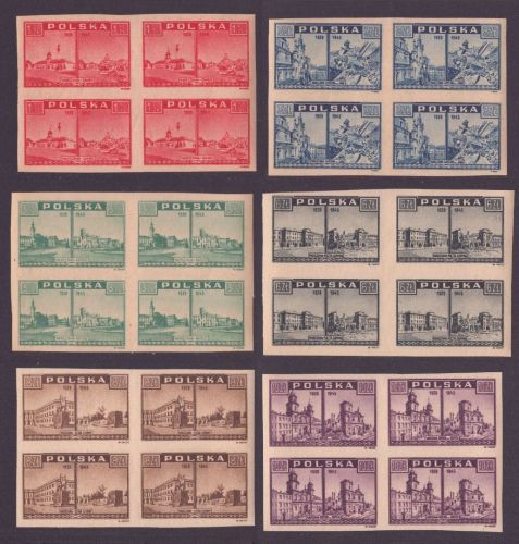 Polen 1945 - Mi-Nr. 414-419 ** - MNH - Viererblock - Warschau (II)