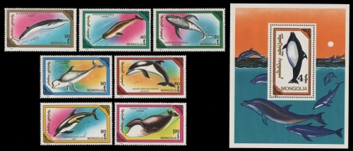 Mongolei 1990 - Mi-Nr. 2141-2147 & Block 150 ** - MNH - Wale / Whales
