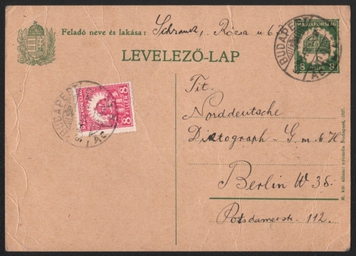 Ungarn 1928 - Ganzsache mit Zusatzfrankatur - Budapest-Berlin