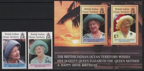 BIOT 2000 - Mi-Nr. 251-252 & Block 14 ** - MNH - 100. Geburtstag Queen Mum