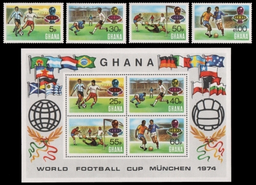 Ghana 1974 - Mi-Nr. 564-567 A & Block 57 A ** - MNH - Fußball / Soccer, football