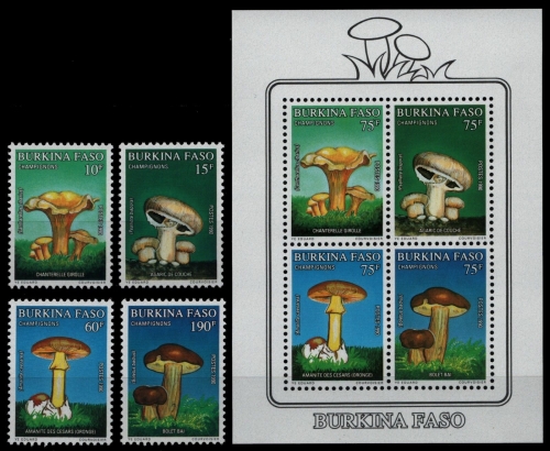 Burkina Faso 1990 - Mi-Nr. 1231-1234 & Block 134 ** - MNH - Pilze / Mushrooms