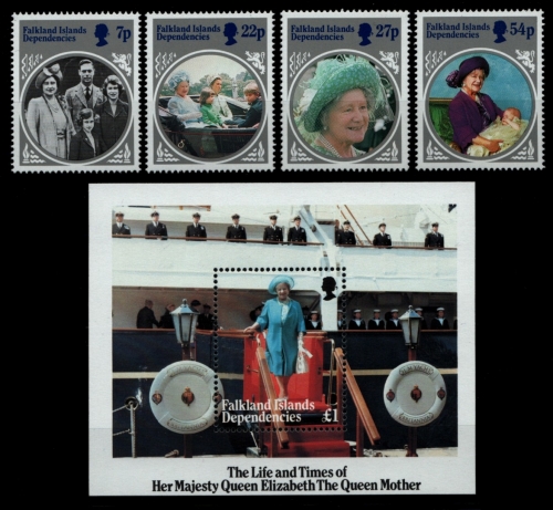 Süd-Georgien 1985 - Mi-Nr. 133-136 & Block 2 ** - MNH - 85. Geburtstag Queen Mum