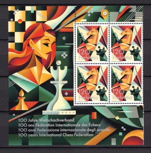 Schweiz MiNr. 2907 Rand-Viererblock postfrisch 100 Jahre Weltschachverband