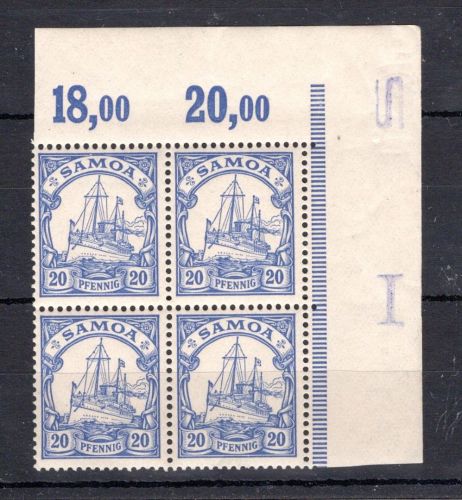 Dt. Kolonien Samoa MiNr. 10 postfrisch 4er Block Eckrand or, ungefaltet