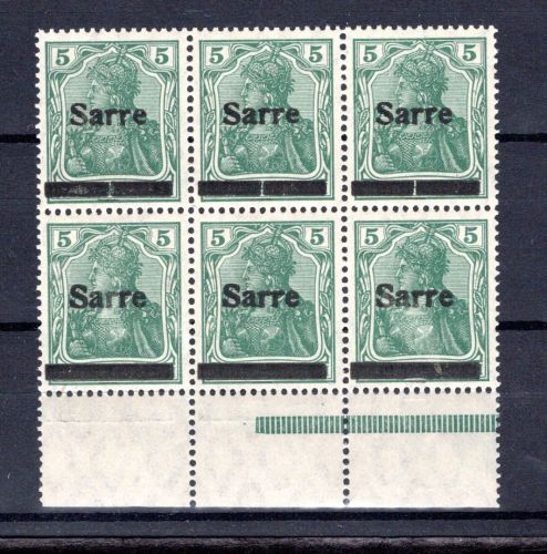 Saargebiet MiNr. 4 a II postfrisch 6er Block, geprüft Burger, UR gefaltet