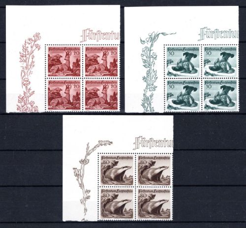Liechtenstein MiNr. 285-287 postfrisch 4er Blöcke Eckrand Jagd, Wildtiere