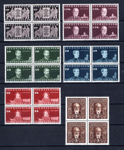 Liechtenstein MiNr. 186-191 postfrisch als 4er Blöcke, gefaltet