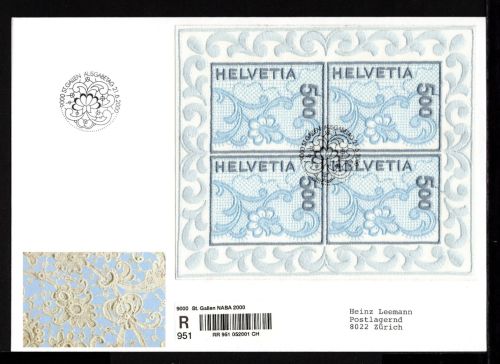 Schweiz MiNr. 1726 Ersttagsbriefe/ FDC Kleinbogen Stoffmarke