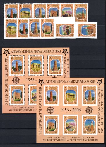 Kirgisien MiNr. 449-54 + Block 44 A+B postfrisch 50 Jahre Europamarken
