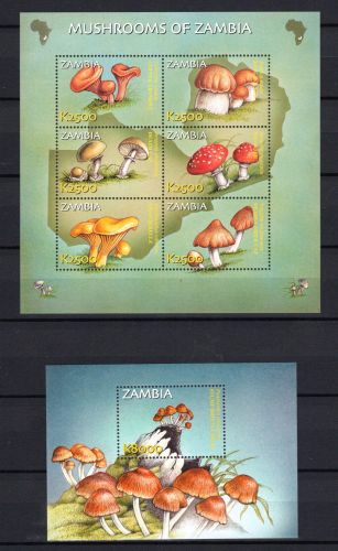 Sambia MiNr. 1410-1415 Kleinbogen und Block 103 postfrisch Pilze