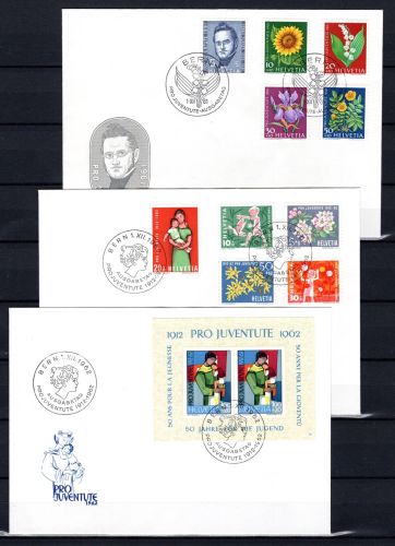 Schweiz MiNr. 742-48 + 758-62 + Block18 Ersttagsbriefe/ FDC Pro Juventute