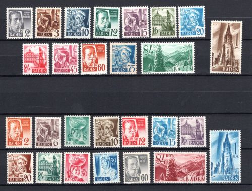 Franz. Zone Baden MiNr. 1-57 mit Block 1A+B und 2, mit 46I postfrisch