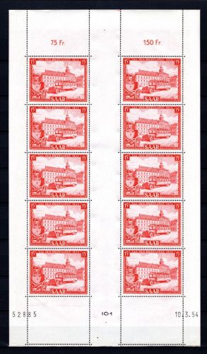 Saarland Kleinbogen MiNr. 349 postfrisch Tag der Briefmarke 1954