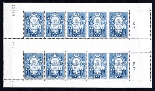 Saarland Kleinbogen MiNr. 342 postfrisch Tag der Briefmarke 1953