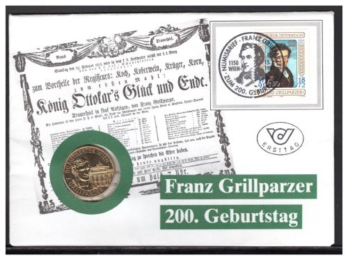 Österreich 1991 Numisbrief mit 20 Schilling "Grillparzer" ST