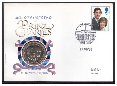 Isle of Man 1988 Numisbrief 40. Geb. Prinz Charles 1 Crown Wedding ST