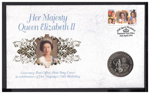 Guernsey 1996 Numisbrief mit 5 Pfund 70. Geburtstag Elizabeth II. CuNi ST