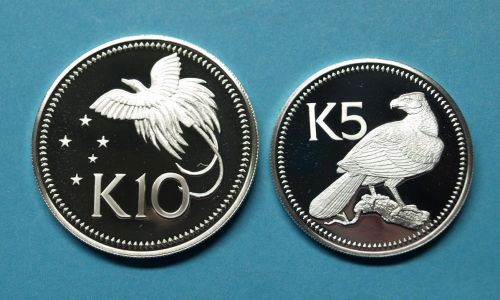 Papua-Neuguinea 1975 5 + 10 Kina Würgadler und Paradiesvogel PP