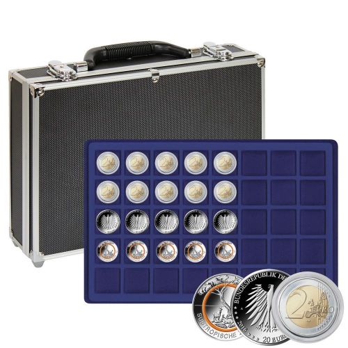Lindner Münzkoffer 2338M-320 mit 8 blauen Münztableaus für Münzen bis 34mm Ø Neu