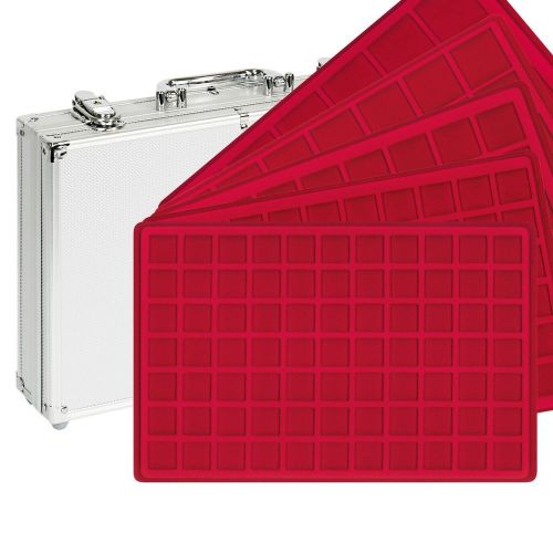 Lindner Münzkoffer Alu S2340 mit 5 verschiedenen, roten Münztableaus Neu