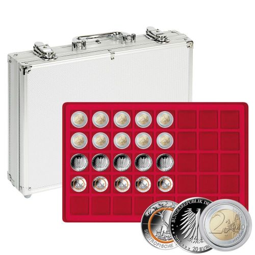 Lindner Münzkoffer S2340-200 mit 5 roten Münztableaus für Münzen bis 34 mm Ø Neu