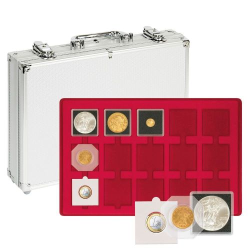 Lindner Münzkoffer Alu S2340-75 mit 5 roten Münztableaus für Münzrähmchen Neu