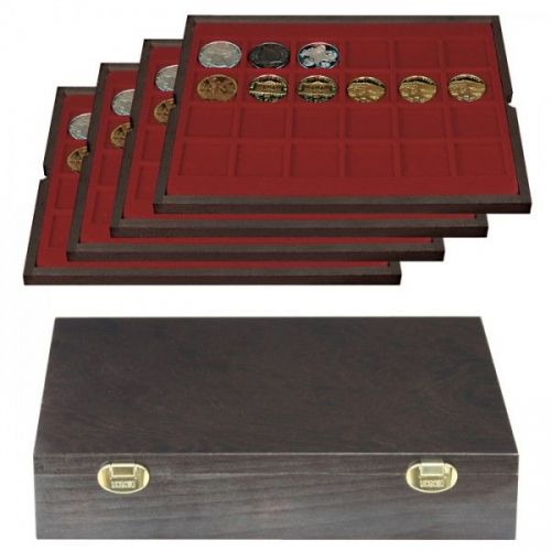 Lindner Echtholzkassette CARUS mit 4 Tableaus für 96 Münzen 2494-4 Neu