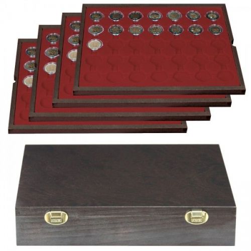 Lindner Echtholzkassette CARUS mit 4 Tableaus für 140 Münzkapseln 2494-11 Neu