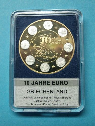Griechenland Medaille 10 Jahre Euro, vergoldet, teilversilbert PP