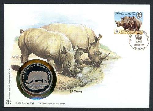 Swasiland 1993 Numisbrief Medaille Nashörner 30 Jahre WWF, CuNi PP