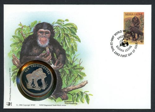 Sierra Leone 1983 Numisbrief Medaille Schimpansen 30 Jahre WWF, CuNi PP