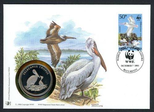 Rumänien 1993 Numisbrief Medaille Pelikan 30 Jahre WWF, CuNi PP
