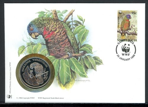 St. Lucia 1996 Numisbrief Medaille Blaustirnamazone 30 Jahre WWF, CuNi PP