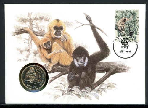 Vietnam 1987 Numisbrief 10 Döng Schopfgibbon, WWF CuNi unzirkuliert