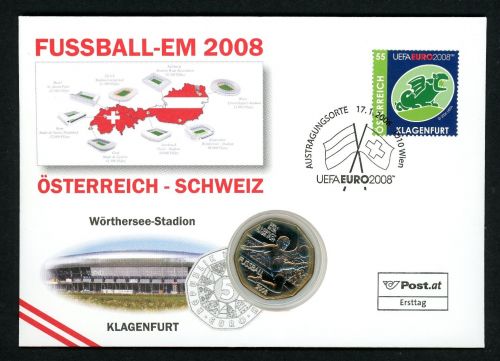 Österreich 2008 Numisbrief 5 € Fußball EM Klagenfurt unzirkuliert