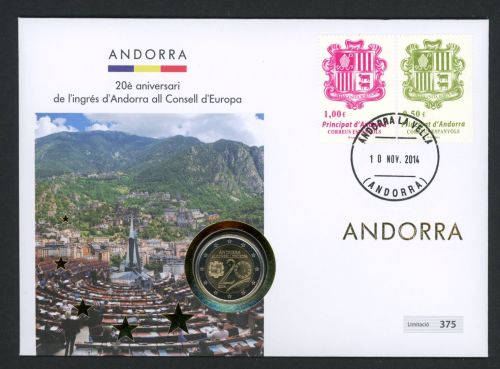 Andorra 2014 Numisbrief mit 2 Euro Beitritt Europarat BU