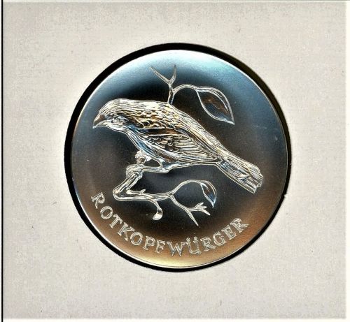 Schweiz Medaillenblatt Tiere der Heimat Rotkopfwürger Medaille Feinsilber