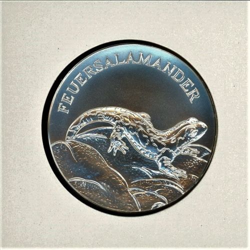 Schweiz Medaillenblatt Tiere der Heimat Feuersalamander Medaille Silber