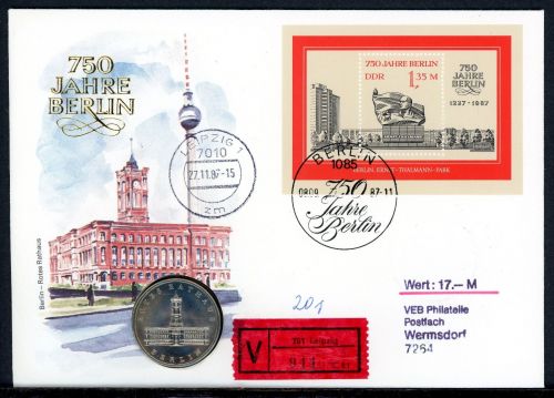 DDR 1987 Numisbrief 5 Mark Rotes Rathaus - Worbes 47.W ST