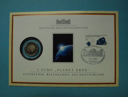 Bund 2016 J Sonderkarte mit 5 Euro Planet Erde, blauer Polymerring ST