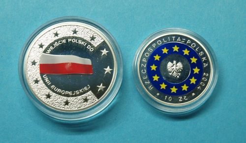 Polen 2004 10 Zl. + Silbermedaille Mitgliedschaft EU im Holzetuitui PP