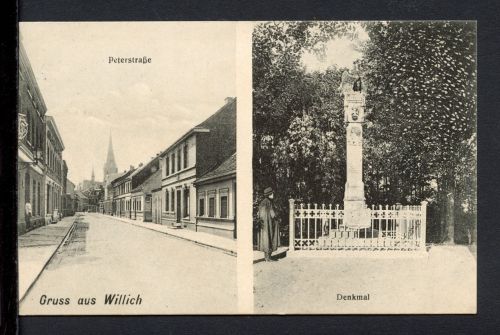 AK Willich Kr. Viersen 1908 Peterstrasse und Denkmal