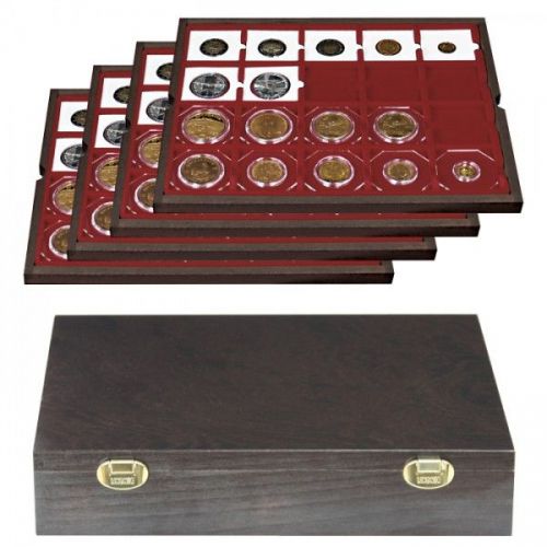 Lindner Echtholzkassette CARUS mit 4 Tableaus für 80 Münzrähmchen 2494-3 Neu